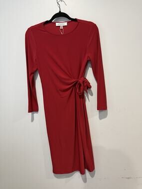 NWT Kasper Fire Red Midi Sheath Dress 3/4 Sleeve Side Tie Stretchy XS Romantic
